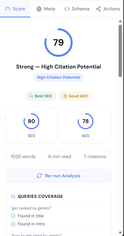 WriteCited AEO score panel with circular 87/100 gauge, SEO 82 and AEO 91 stat cards, and breakdown progress bars